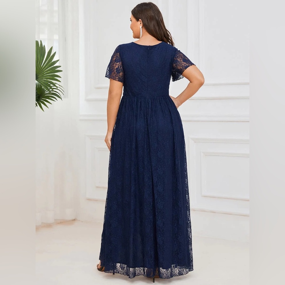 🆕Plus Size Custom Size Short Sleeve Ruffled V-Neck A-Line Lace Evening Dress - Picture 2 of 5